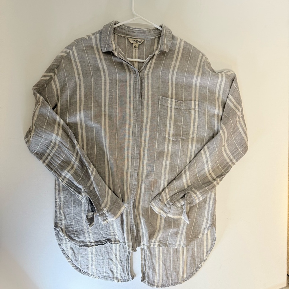 Lucky Brand Linen Blend Striped Split Back Button Down Shirt - Small